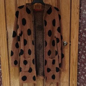 Cozy Hooded Brown w/Black Polka Dot Open Cardigan XL